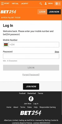 Bet254 Kenya app home screen